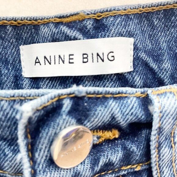Anine Bing Sonya High Rise Raw Hem Jeans Straight Leg Med Wash Blue Size 25 - Picture 6 of 7